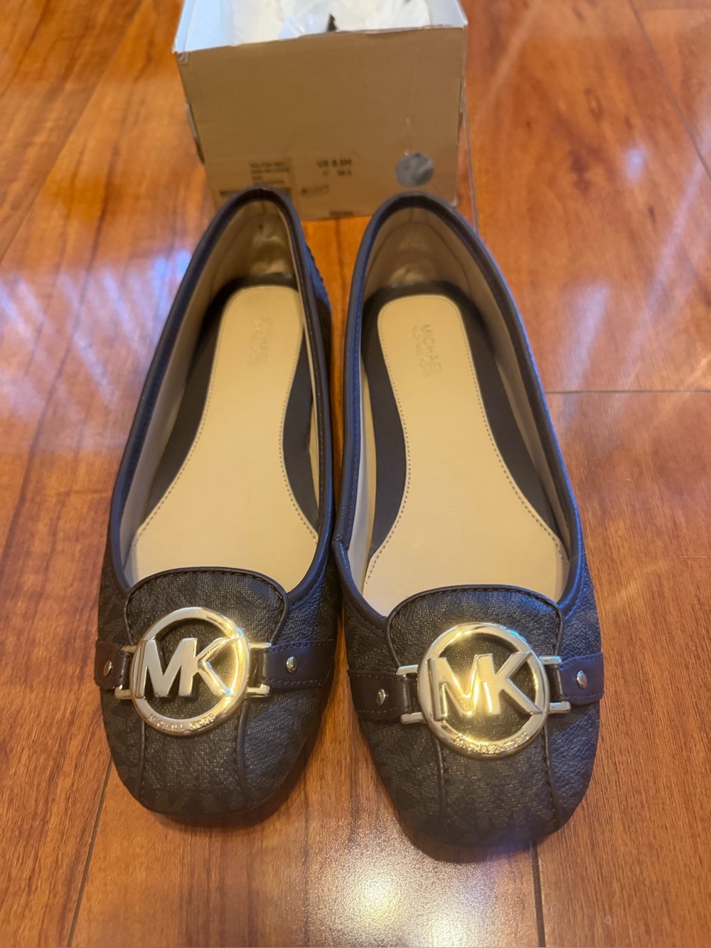 Michael Kors Black Logo Leather Ballet Flats with Gold MK Emblem